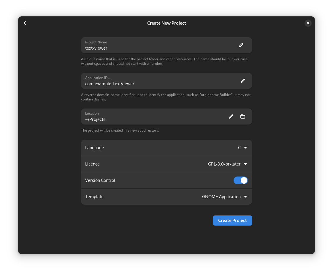 New project creation dialog in GNOME Builder