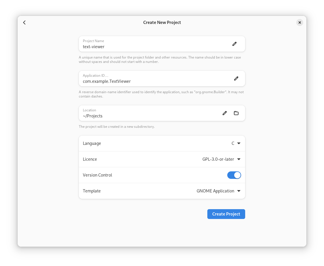 New project creation dialog in GNOME Builder
